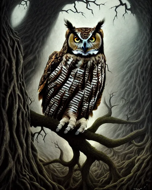 Prompt: an extremely detailed masterpiece surreal painting of a great horned owl in a tree, in the style of brian froud, brian despain, brian bolland, digital art, unreal engine, volumetric lighting, dark moody lighting, trending on artstation, photorealistic, epic scene