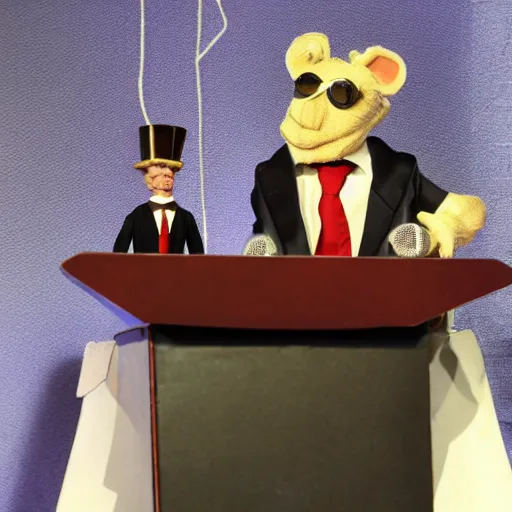 Image similar to press conference with puppeteer using marionette of a president in a podium