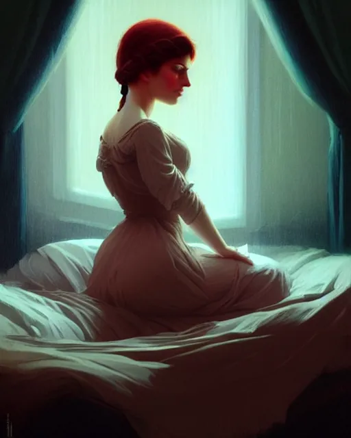 Image similar to stylized portrait by aykutmakut of an artistic pose, composition, young victorian sad fancy lady in bed, cinematic moody colors, realistic shaded, fine details, realistic shaded lighting poster by ilya kuvshinov, magali villeneuve, artgerm, jeremy lipkin and michael garmash and rob rey