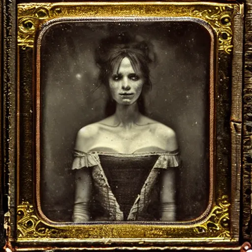 Prompt: old wetplate daguerreotype portrait of a beautiful woman, 3 0 years old, fractal, intricate, elegant, highly detailed, parallax, leica, medium format, subsurface scattering, by jheronimus bosch and greg rutkowski and louis jacques mande daguerre