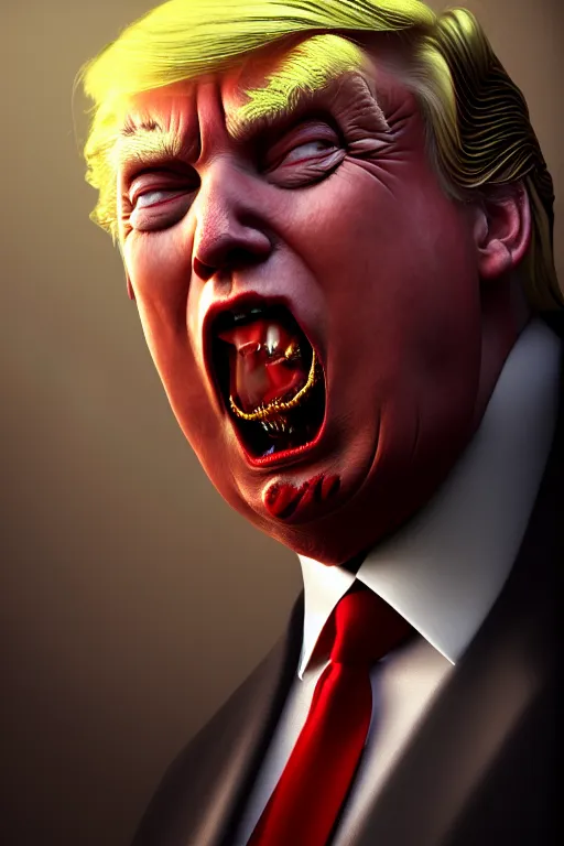 Prompt: a demonic horrific portrait of donald trump, white eyes, bored, illustration, soft lighting, soft details, painting oil on canvas by edmund blair leighton and charlie bowater octane render, hdr, trending on artstation, 4 k, 8 k, hd