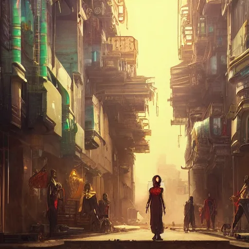 Prompt: detailed painting of a cyberpunk street in africa, majestic solemn ornaments and solemn architecture, artstation, bouguereau, cinematic