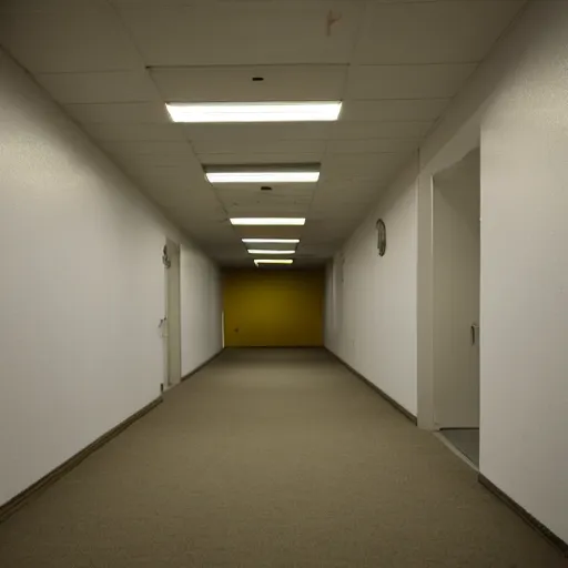 Image similar to Backrooms, old moist carpet, mono-yellow, fluorescent lights, randomly segmented rooms, eerie