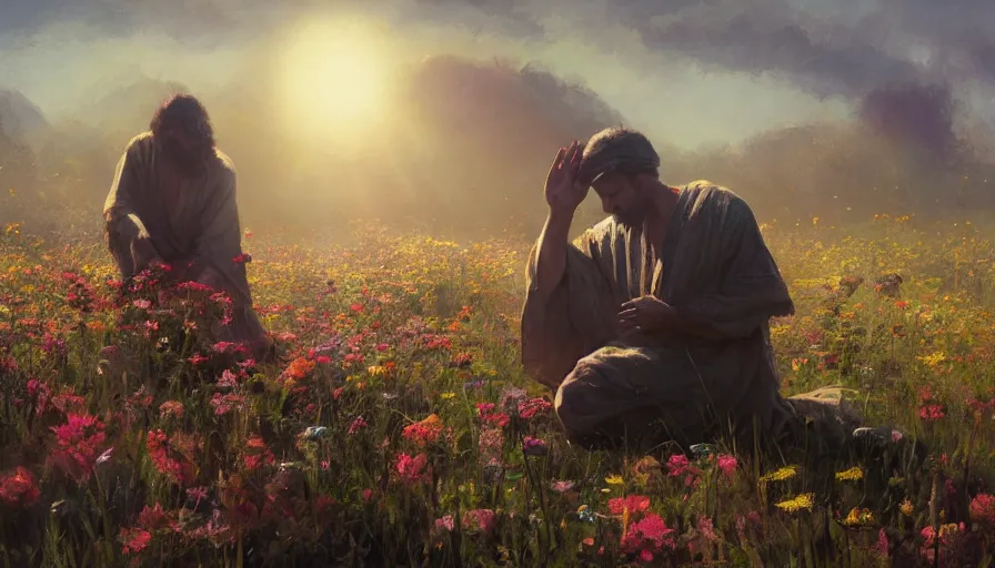 Image similar to craig mullins a man in robes kneels and prays in a field of flowers, the sun's holy light shines down upon him, colorful, solarpunk, unreal engine, hyper realism, realistic shading, cinematic composition, realistic render, octane render, detailed textures, photorealistic, wide shot