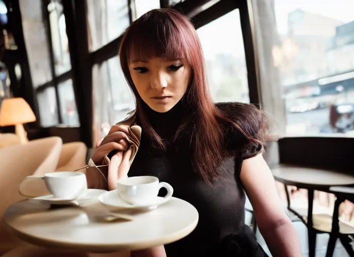 Prompt: beautiful!!!!! young adult woman in a cozy coffee shop staring seductively at the lens wearing an avant garde outfit designed by zaha hadid, close up, natural lighting, 5 0 mm