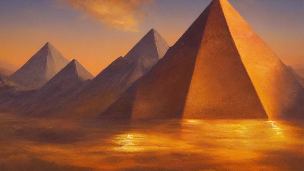 Prompt: Trending on artstation, beautiful pyramid with golden tip illuminated by the sunset, detailed matte painting, oil on canvas, chiaroscuro