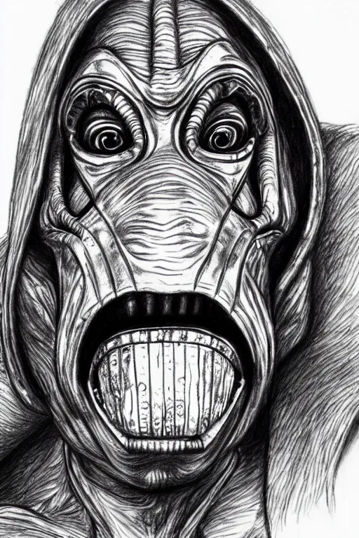 Image similar to highly detailed ballpoint pen sketch of Jar Jar Binks, high quality