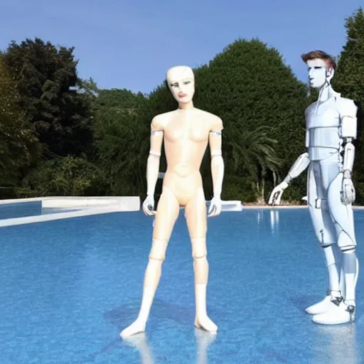 Image similar to a realistic detailed photo of a guy who is an attractive humanoid who is half robot and half humanoid, humanoid robot, by the pool, posing like a statue, who is a male android, blank stare, on display, made of ice, shiny skin, frozen ice statue, showing off his muscles, f 1 driver charles leclerc