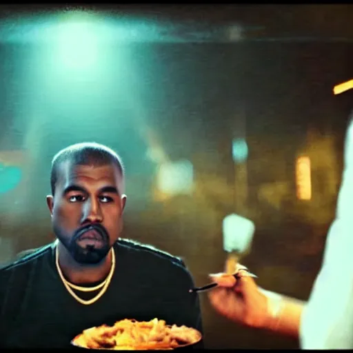 Image similar to blurry, gopro footage of kanye west eating at taco bell, cinematic, volumetric lighting, night, rain