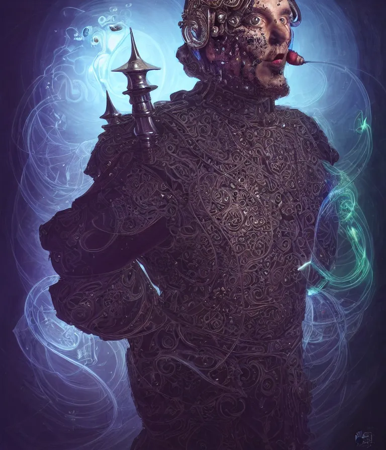 Image similar to front!!! shot of a court jester!!! character, hyperdimensional, bioluminescent hypercubes, dark holography!!!, future, chrome, (((intricate))), elegant, highly detailed, centered, (((artstation, concept art, smooth, sharp focus, artgerm, Tomasz Alen Kopera, Peter Mohrbacher, donato giancola, Joseph Christian Leyendecker, WLOP, Boris Vallejo))), ((raytracing)), mugshot!!!!!, ugly!!!!!!, octane render, nvidia raytracing demo, octane render, nvidia raytracing demo, octane render, nvidia raytracing demo, grainy, muted, 8K, digitalblasphemy, metatron