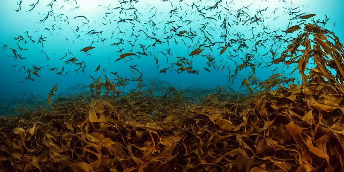 Prompt: Kelp forest off the coast of La Jolla Bay, giant kelp in large amounts, Garibaldi, California Sheephead, Sargo, Leopard sharks swimming in between the kelp. View from below, underwater photography. Afternoon glow, June 19th. Trending on Artstation, deviantart, worth1000. By Greg Rutkowski. National Geographic and iNaturalist HD photographs