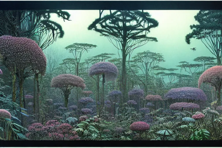 Prompt: lots of glass details, a lot of exotic vegetation, trees, flowers, pastel dull colors, gigantic huge monster creature covered with flowers, staying in the foggy huge dark night forest covered with web and cotton and a lot of glow - worms, by moebius, hyperrealism, intricate detailed, risograph