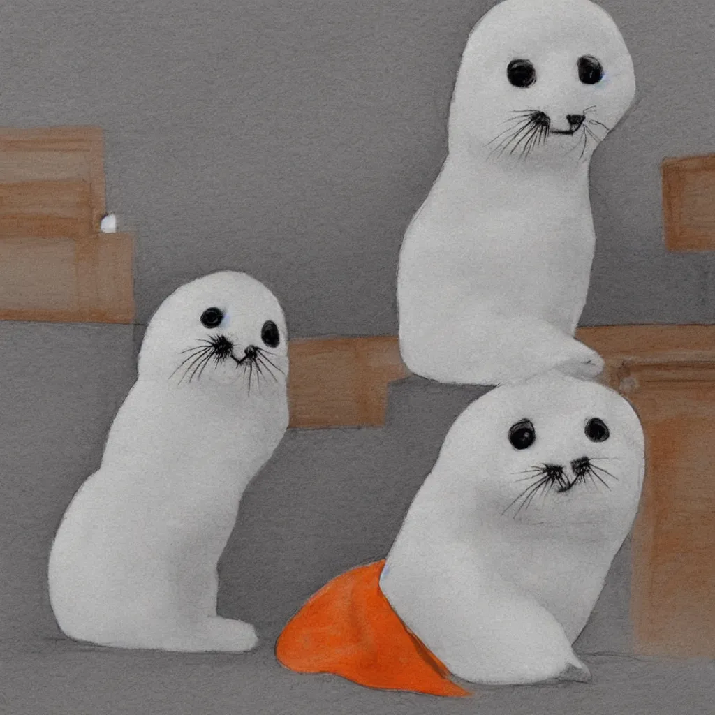 Image similar to a baby harp seal in an orange prisoner jumpsuit at the witness stand, courtroom sketch