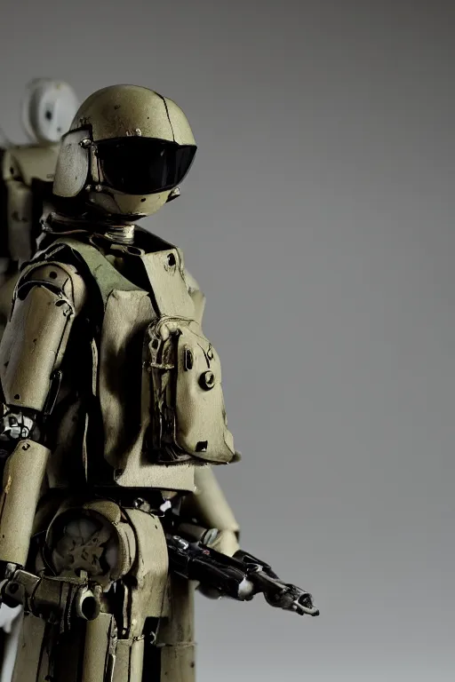 Image similar to a cinematic photo shot of a beautiful 1 : 6 scale threea toys figurine by ashley wood, world war one robot, intricate dark background, dramatic light