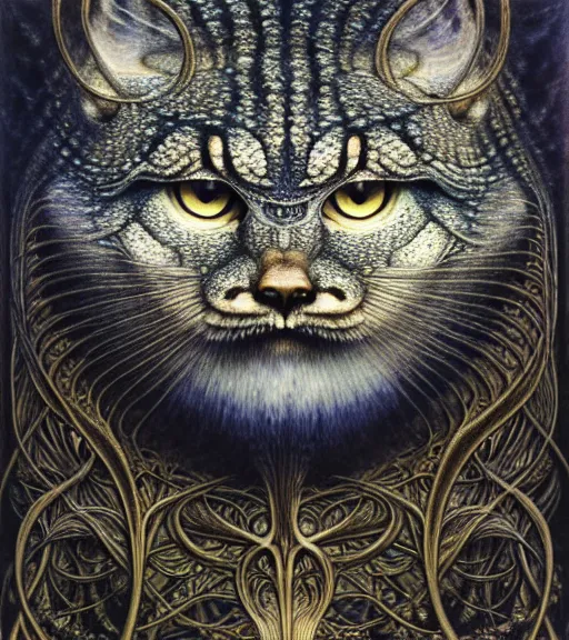 Image similar to detailed realistic beautiful manul face portrait by jean delville, gustave dore, iris van herpen and marco mazzoni, art forms of nature by ernst haeckel, art nouveau, symbolist, visionary, gothic, neo - gothic, pre - raphaelite, fractal lace, intricate alien botanicals, ai biodiversity, surreality, hyperdetailed ultrasharp octane render