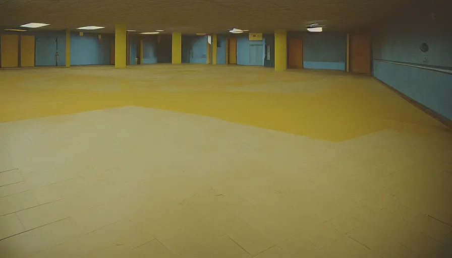 Prompt: 60s movie still of a sovietic stalinist style empty hall with yellow tiles and non-separate toilets, cinestill 800t 50mm eastmancolor, liminal Space style, heavy grain-s 150