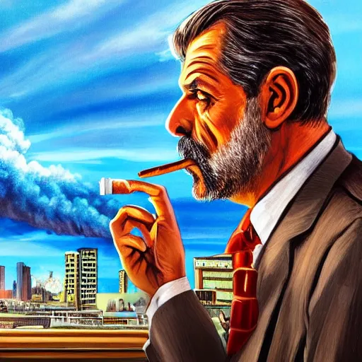 Prompt: mr. house, realistic, highly detailed face, looks at the big explosion, nuclear fungus, explosion, from the window of the lucky 3 8 casino, man smokes a cigar,! holding in his hand!, arm, cigarette advertising, hyperdetailed, artstation trending, ultra hd, artstation, photorealism, ultrarealistic, retro, 4 5 mm, elegant,