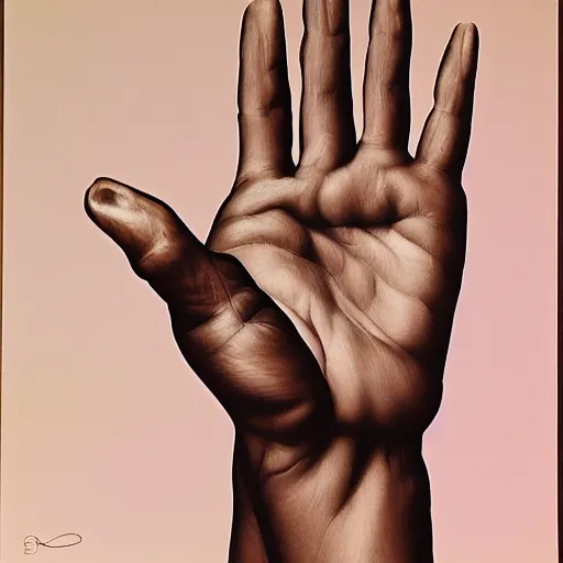 Image similar to a man's hand holding a flower, surreal, art by peter lloyd, 1 9 8 0's art, airbrush style, art by hajime sorayama,, intricate, elegant, sharp focus, illustration, highly detailed, h 8 0 0