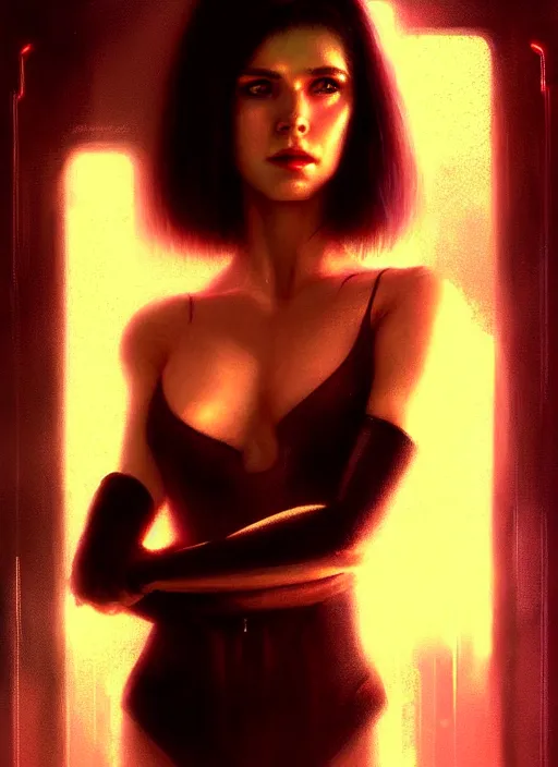 Image similar to ! dream hyper realistic zoomed out portrait gorgeous, beautiful rachael rosen from blade runner, by greg rutkowski, scott m fischer, artgerm, loish, slight glow, atmospheric, anne stokes, alexandros pyromallis, wlop