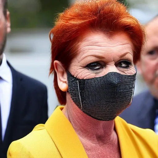 Image similar to Pauline Hanson unzipping her skin to reveal she is secretly a lizard people