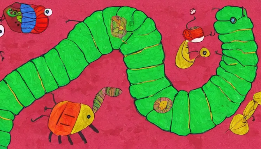 Prompt: giant Very Hungry Caterpillar attacking a city illustrated in the style of eric carle,