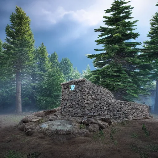 Prompt: an old lost Celtic ark made of stones, surrounded by a forest of tall pine trees, a mountain in the background, cloudy but bleu sky, photorealism, render with unreal engine, anamorphic lens flare, details, HD, 8k, cinematic