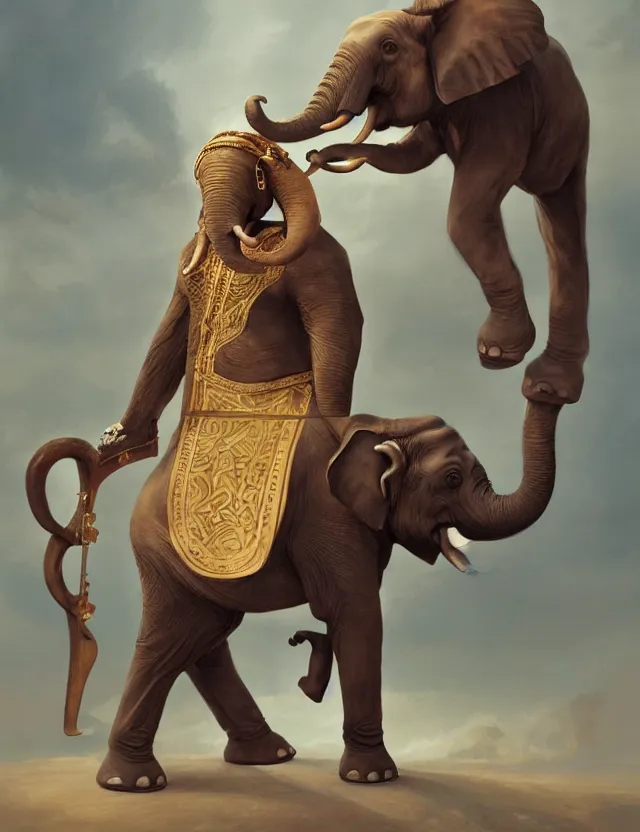 Prompt: painting of humanoid elephant wearing bard costume and holding a harp, epic, trending on artstation, masterpiece, cinematic lighting, by ross tran and by greg rutkowski