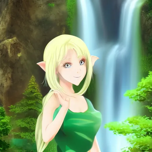 Prompt: beautiful young blonde-haired elf woman tucking her hair behind her ear and wearing a green dress in front of a waterfall, anime art, very very very very beautiful, 4k