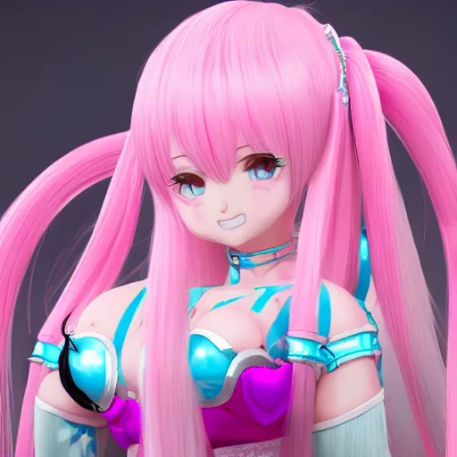 Prompt: stunningly beautiful omnipotent megalomaniacal anime goddess with porcelain skin, pink twintail hair and mesmerizing cyan eyes, symmetrical perfect face smiling in a mischievous, devious and haughty way while looking down upon the viewer, mid view, hyperdetailed, 2 d, unreal engine 5, 8 k