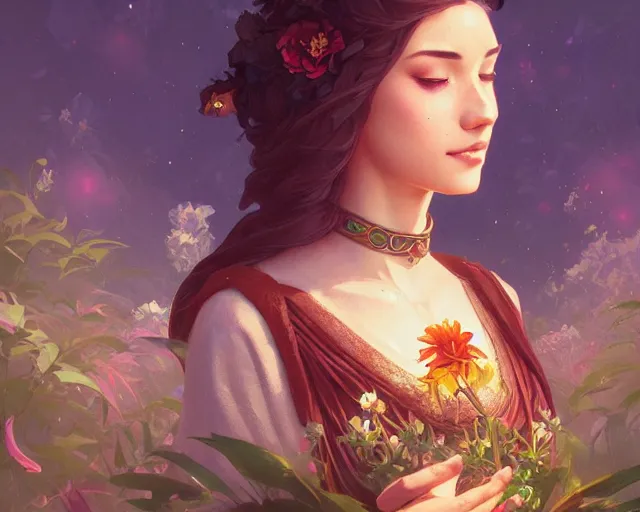 Image similar to asunflower garden, photography of kurzgesagt, deep focus, d & d, fantasy, intricate, elegant, highly detailed, digital painting, artstation, concept art, matte, sharp focus, illustration, hearthstone, art by artgerm and greg rutkowski and alphonse mucha