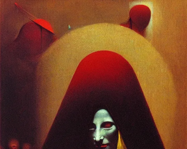 Image similar to devotion to the scarlet woman, priestess in a conical hat, coronation, ritual, sacrament, by francis bacon, beksinski, ( bosch ), mystical redscale photography, opulence, luxury, maximalism.