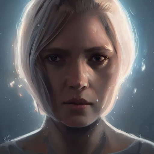 Image similar to portrait of a woman by greg rutkowski, she is about 3 0 years old, pretty, blond hair with two strans around her face, crying, helplessness and denial, she is wearing a futuristic space gear, highly detailed portrait, digital painting, artstation, concept art, smooth, sharp foccus ilustration, artstation hq.