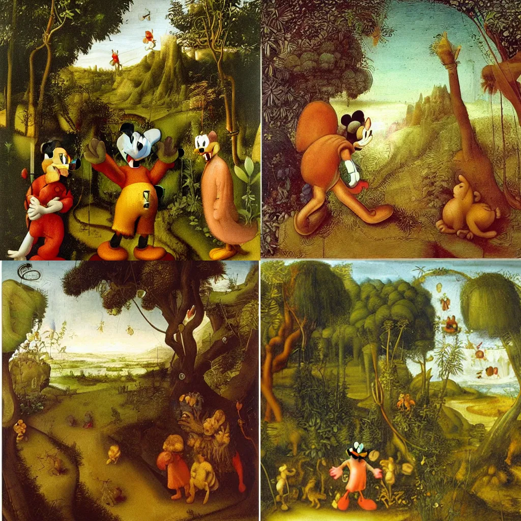 Prompt: mickey mouse entering the garden of eden, oil painting by leonardo da vinci, masterpiece