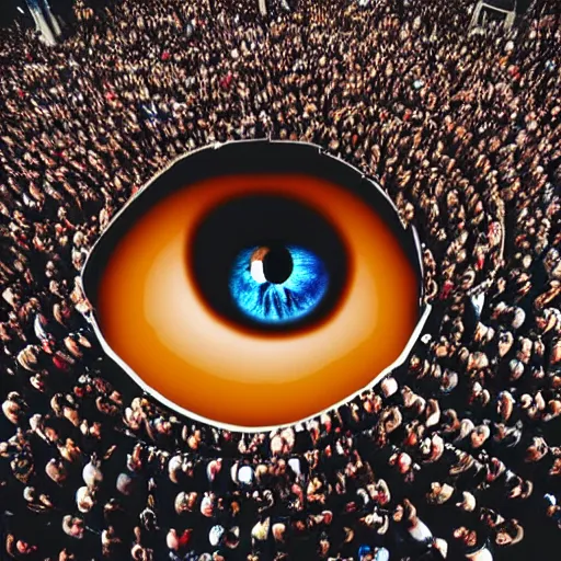 Image similar to a giant eye looking down on a crowd of people in the style of a cave painting