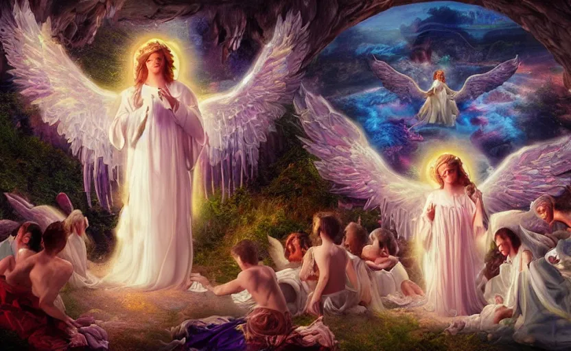 Image similar to a painting of an angel surrounded by angels, a detailed matte painting by david lachapelle, cgsociety contest winner, magical realism, angelic photograph, god rays, mystical