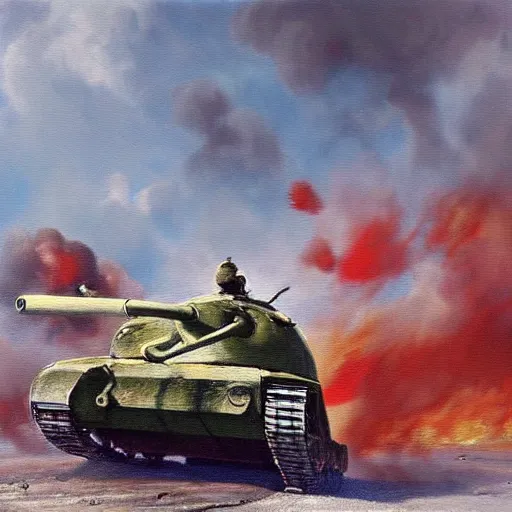 Image similar to soviet tank attack, battle painting by Peter Krivonogov