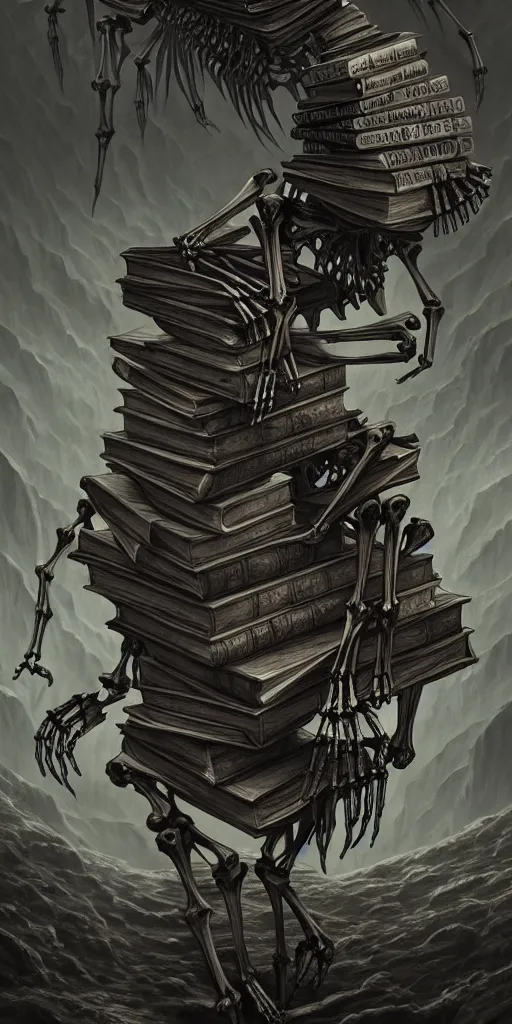 Image similar to a human skeleton slowly transforming into books, in the style of a matte oil painting and d & d art, eldritch, pages, award - winning, extremely detailed, sharp focus, 4 k