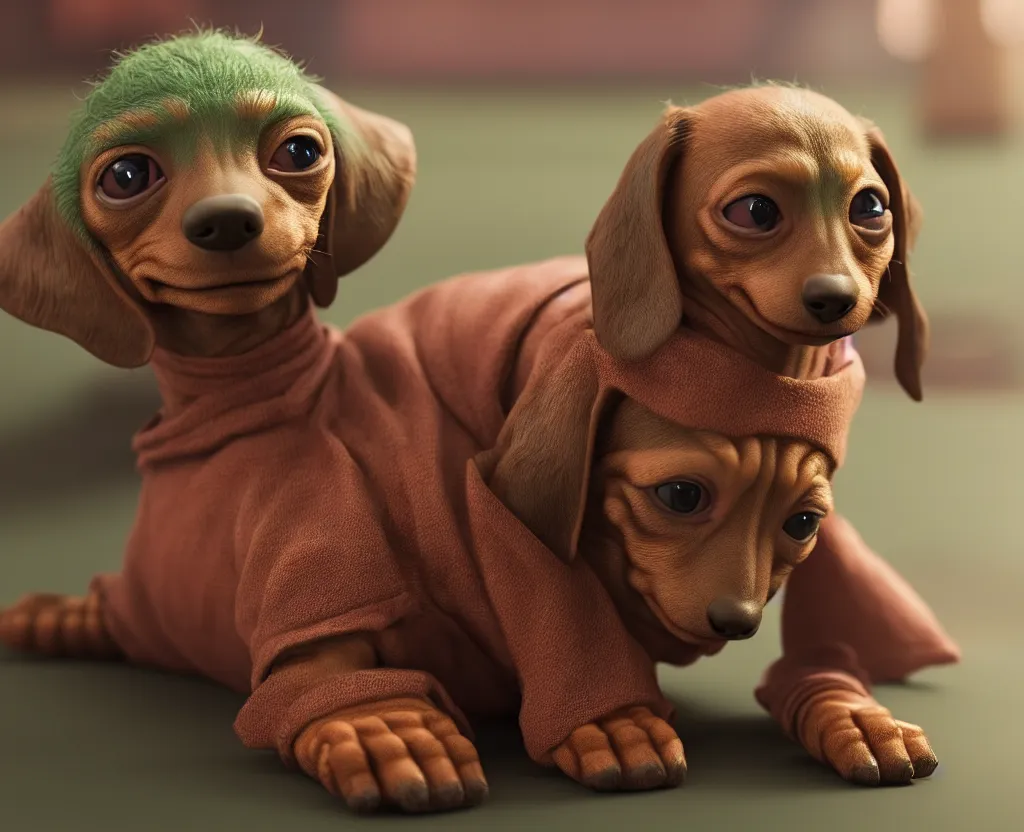 Prompt: a Dachshund cast as baby Yoda, still from The Mandalorian show, hyperrealistic, 8k, Octane Render,