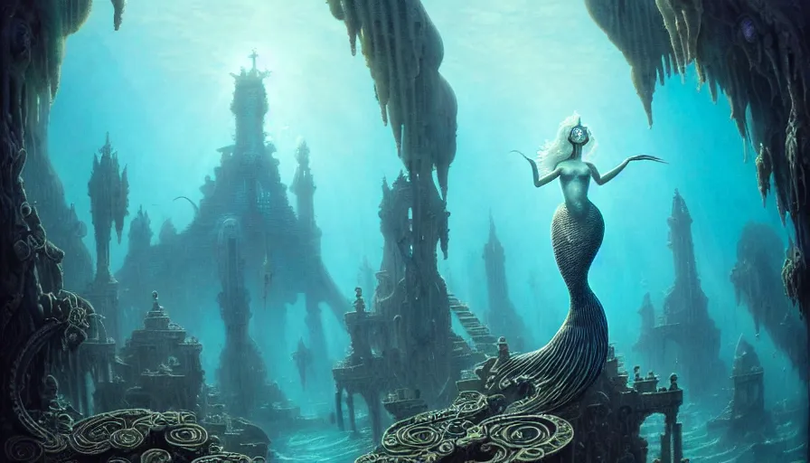 Prompt: a graceful mermaid looking at the sunken city of Atlantis under water, rays of sunlight, stunning undersea intricate detailed grand architecture in the style of Joe Fenton, art style by Greg Rutkowski and Mohrbacher, deep underwater scene, dark and moody, faint volumetric god rays, grim crushing atmosphere, trending on artstation, masterpiece, claustrophobic, sea floor is rocky and full of colorful corals