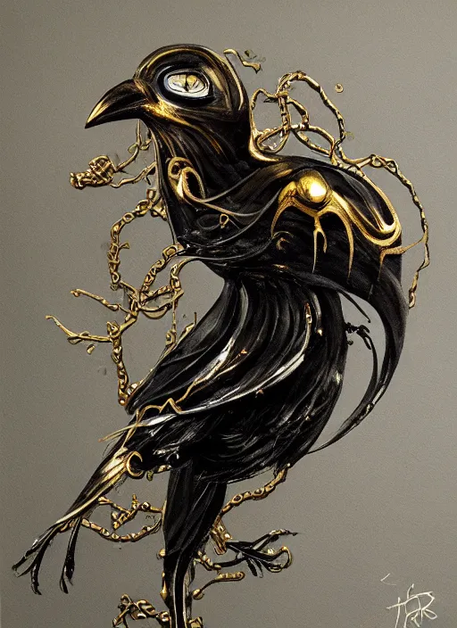 Prompt: metal crow, award - winning painting, abstract, gold and silver shapes, elegant, luxurious, beautiful, lovecraftian, beksinksi, chiaroscuro