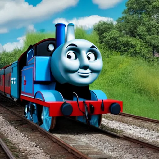 Image similar to the most smug looking Thomas the tank, rendered in redshift