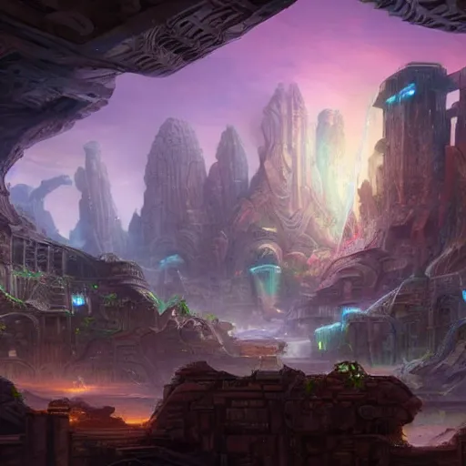 Prompt: Massive subterranean galaxy in sprawling ancient ruins of atlantis, a dramatic matte painting by Tyler Edlin, trending on artstation, vivid and vibrant