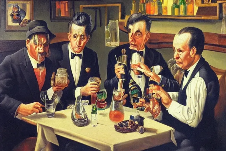 Prompt: gangsters having drinks, surrealism, elegant oil painting, highly detailed