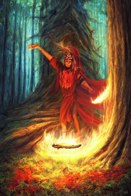 Image similar to aztec sorcerer casting a powerful spell in a dark forest, by lilia alvarado, lilia alvarado art, digital painting, digital art,