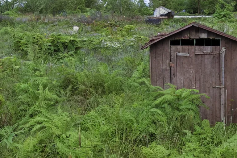 Prompt: An abandoned shed in a post-apocalyptic wasteland, overgrown, spring, flowering plants sprouting up, ferns near the base, marshland, 53 F June 12th 2432