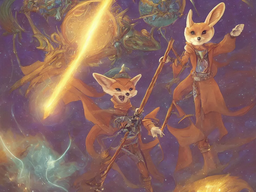 Prompt: an image of a anthropomorphic fennec wizard with a wizard hat holding a staff and a book casting a cinematic spell through space and time, art by terese nielsen, aruurara あるうらら, magali villeneuve, artstation