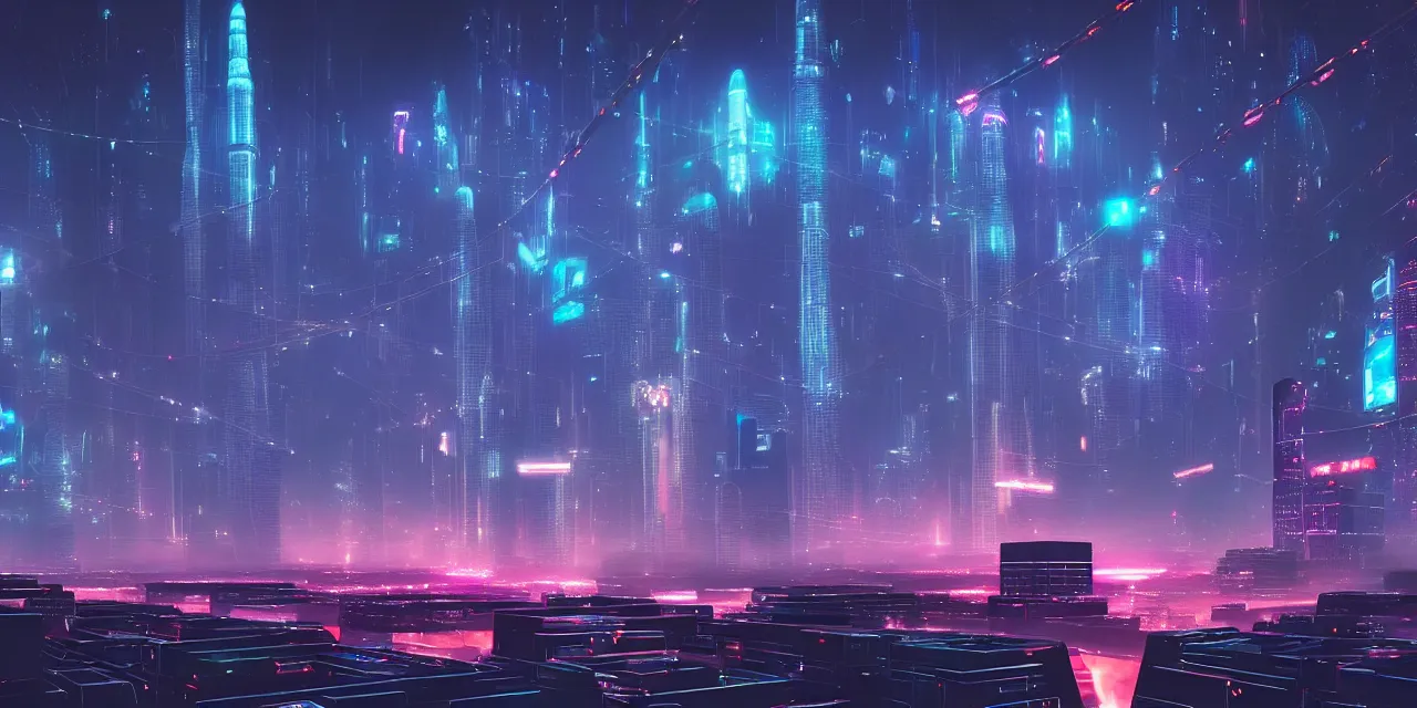 Prompt: a fleet of giant glowing futuristic cubes tied to each other with lots of glowing chains in the sky, thick glowing chains, light rays bouncing between cubes, a fantasy magical cyberpunk dubai tokyo landscape seen in the distance, atmospheric lighting, intricate, volumetric lighting, beautiful, sharp focus, ultra detailed, in the art style of marc simonetti and lee madgwick, astrophotography
