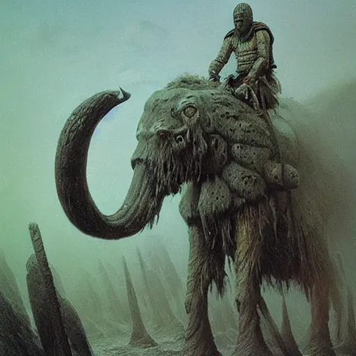 Image similar to mammoth rider concept art, clad in ancient norse armor, beksinski