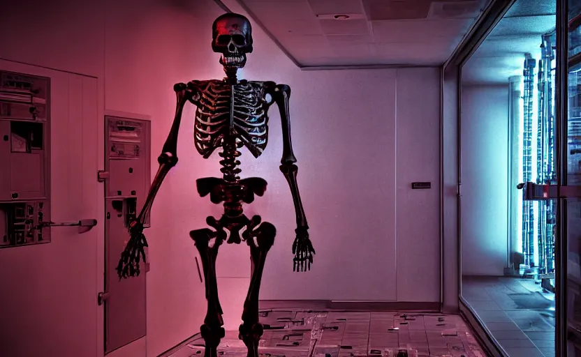 Image similar to terminator skeleton, staying in front of server room. extreme long shot, high detail, low saturated red and blue light, cinematic colors