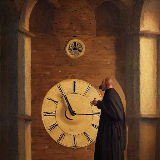 Prompt: medieval monk maintaining an enormous, complex, mechanical clock, oil painting, warm lighting, photorealistic, trending on artstation